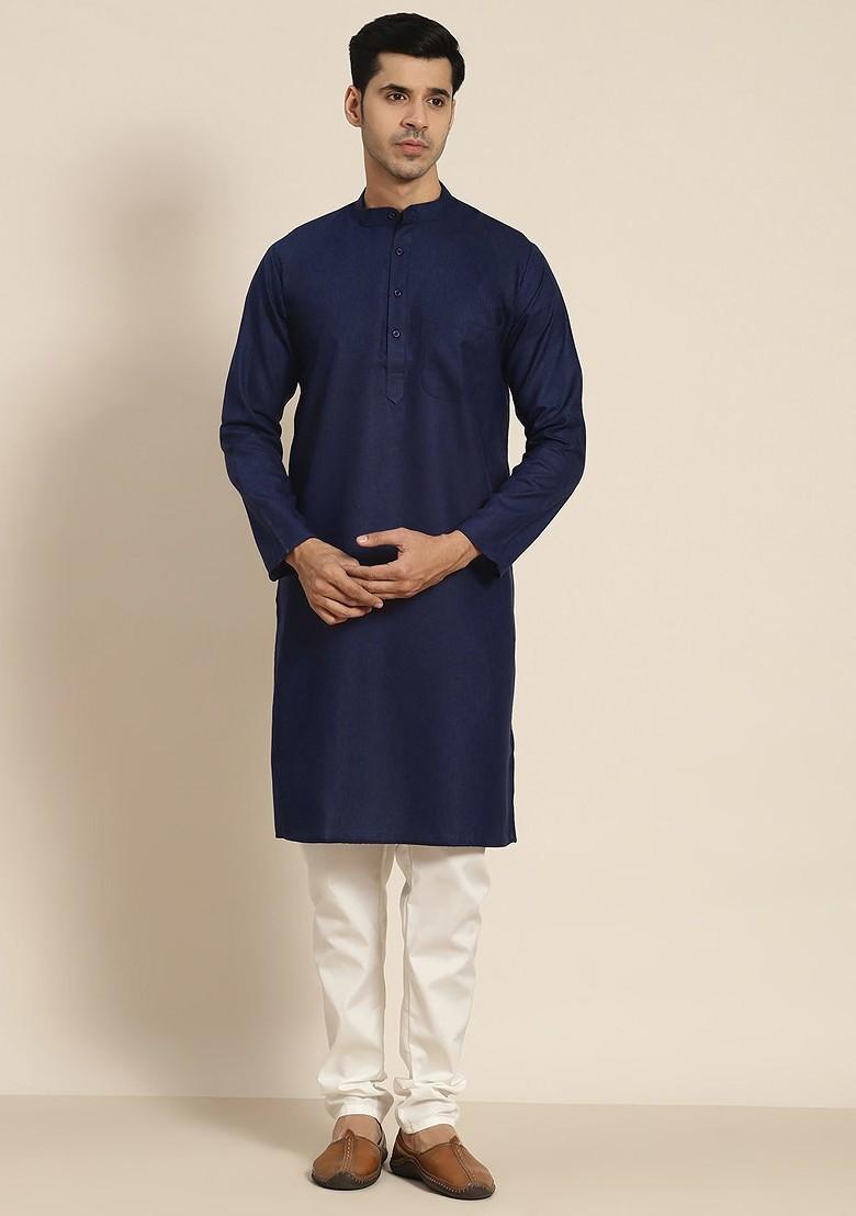 Navy Blue Solid Poly Blend Kurta Set For Men
