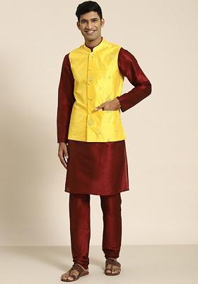 Maroon Mirror Work Poly Blend Kurta Set For Men