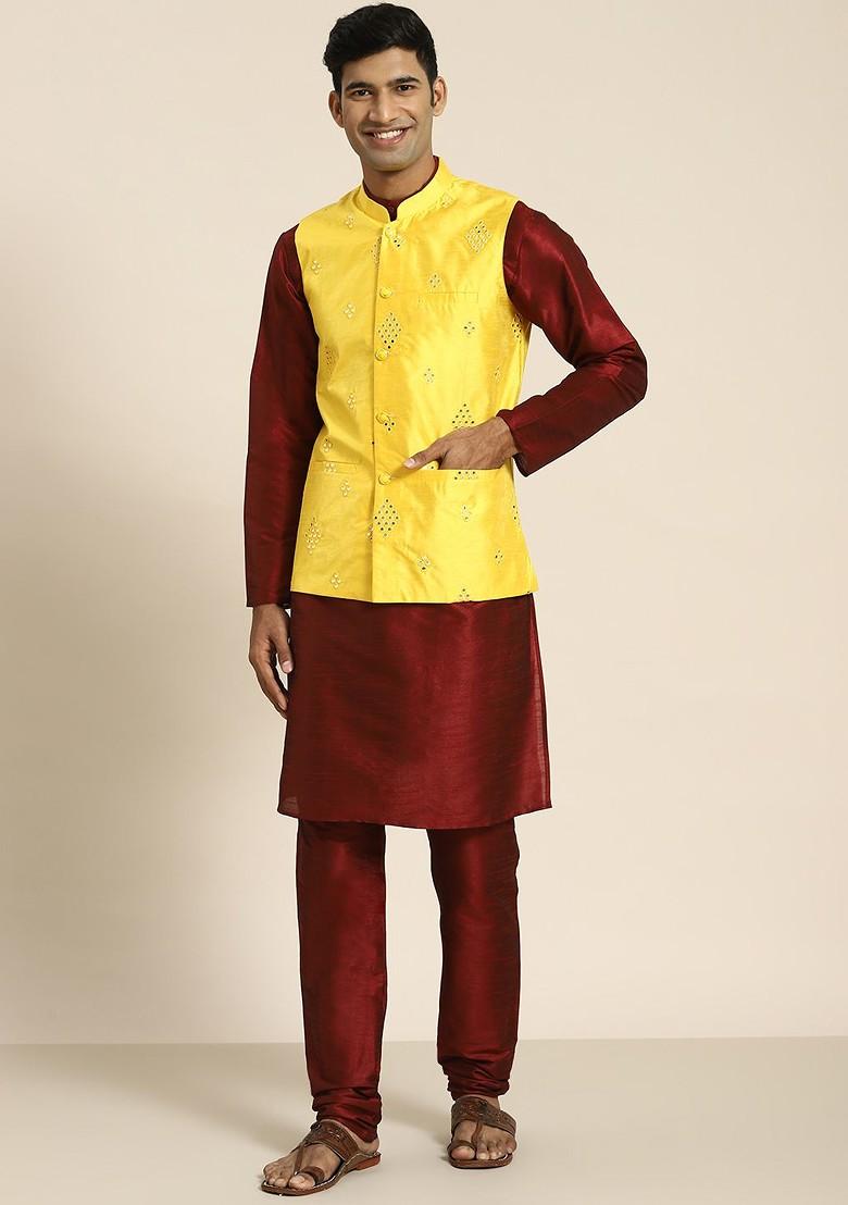 Maroon Mirror Work Poly Blend Kurta Set For Men