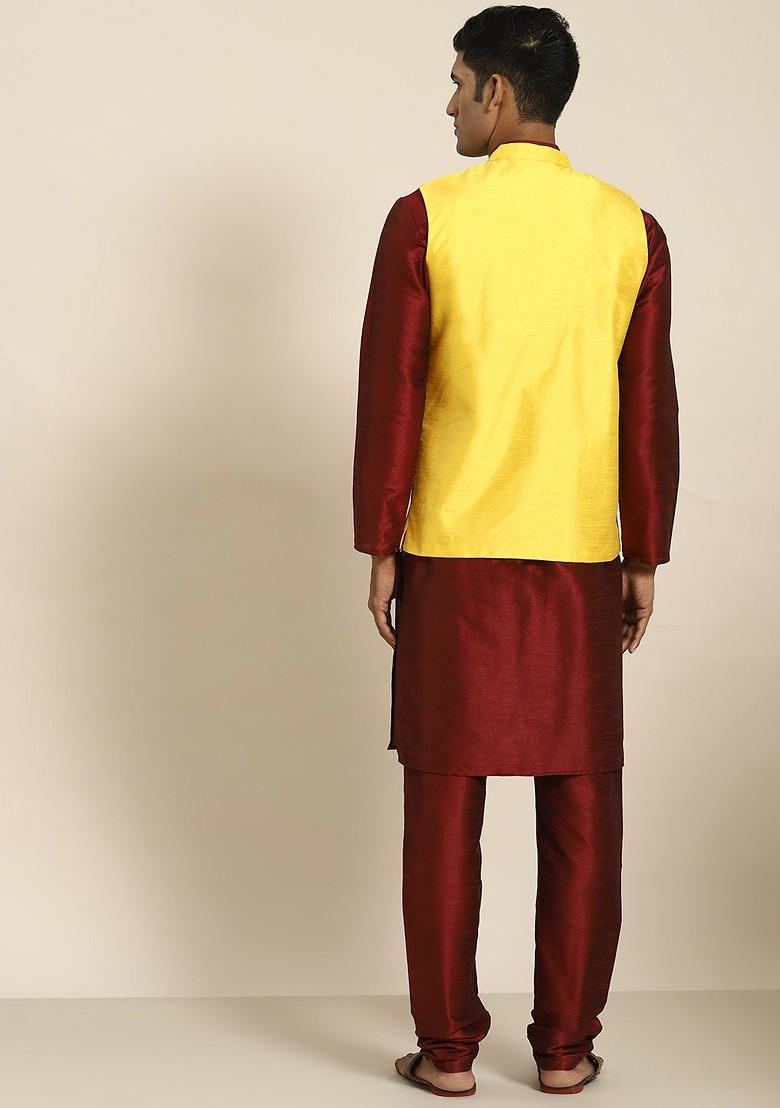 Maroon Mirror Work Poly Blend Kurta Set For Men