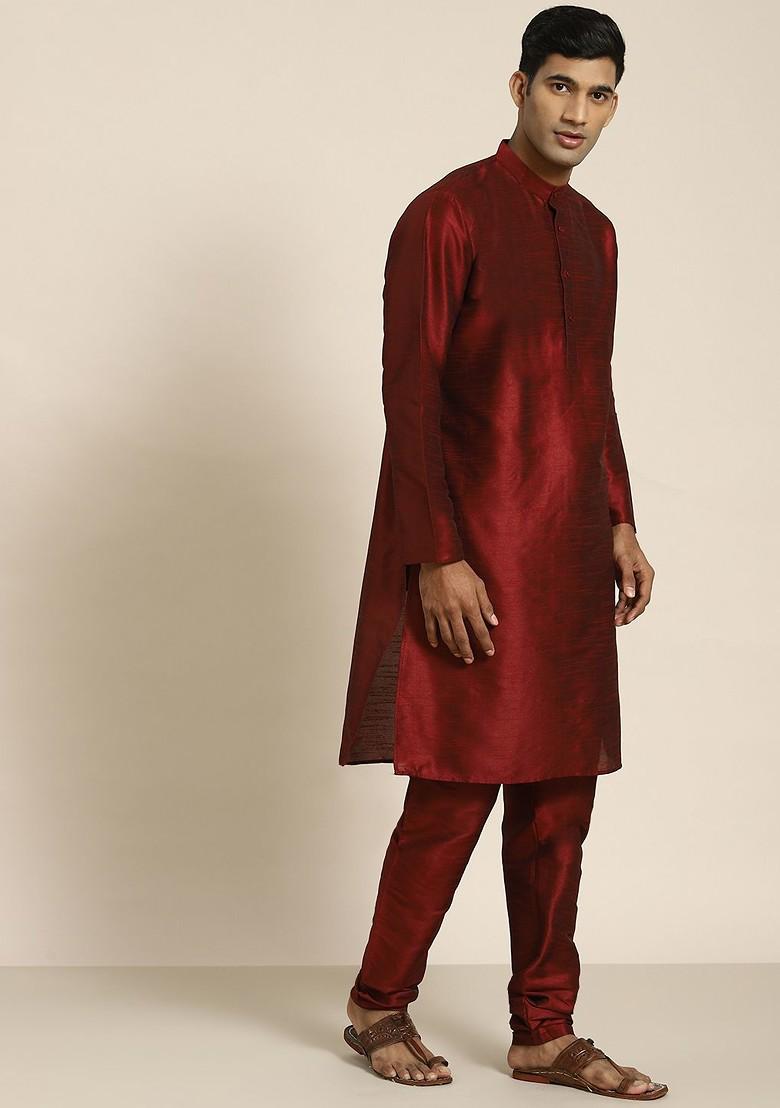 Maroon Mirror Work Poly Blend Kurta Set For Men
