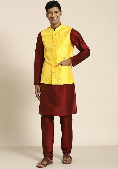 Maroon Mirror Work Poly Blend Kurta Set For Men