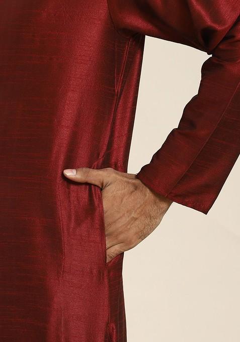 Maroon Mirror Work Poly Blend Kurta Set For Men
