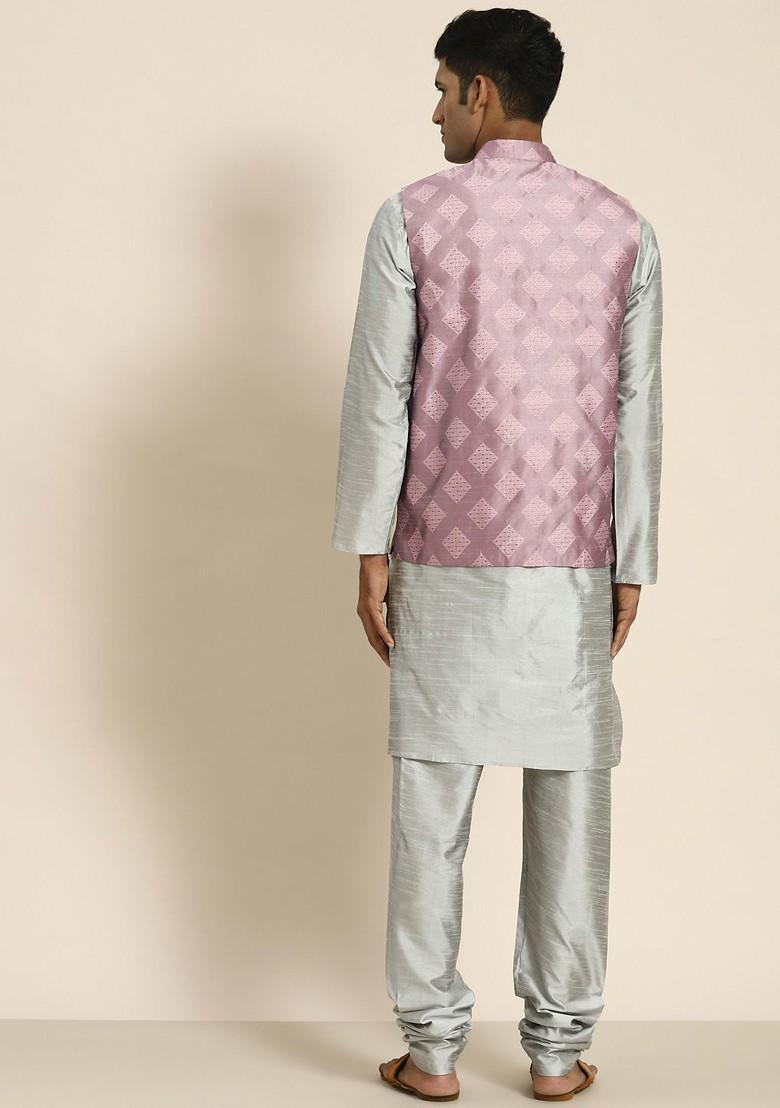 Grey Solid Poly Blend Kurta Set For Men