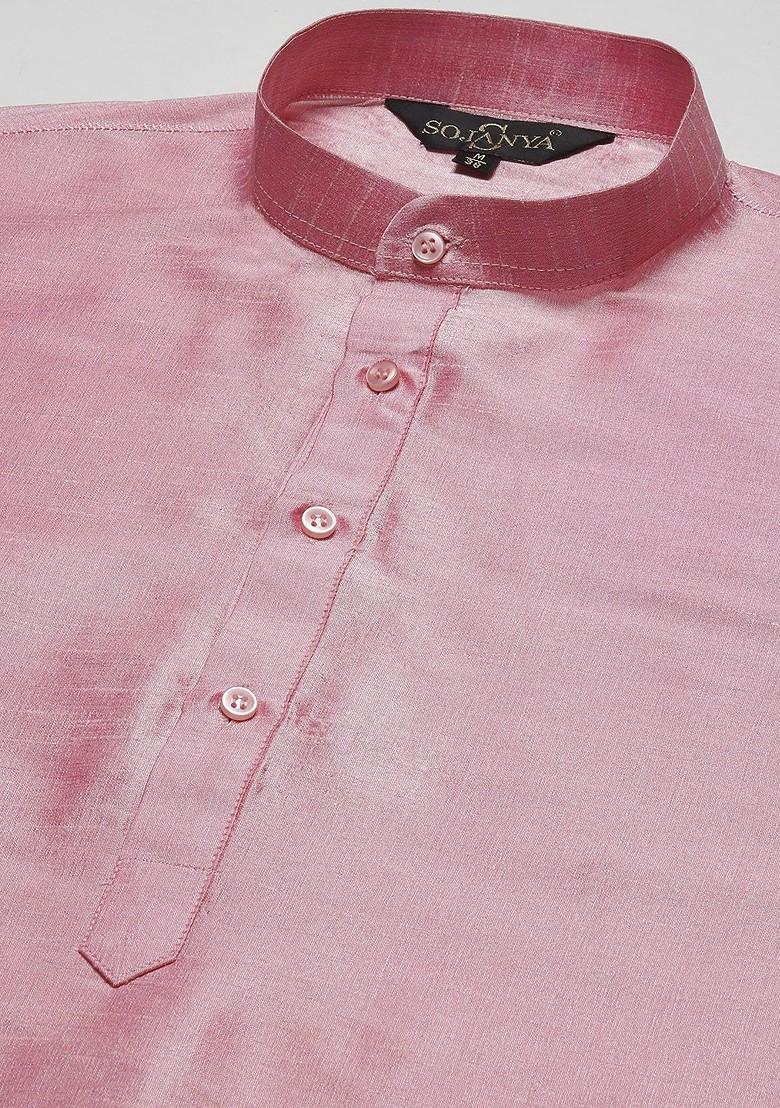 Pink Solid Poly Blend Kurta Set For Men