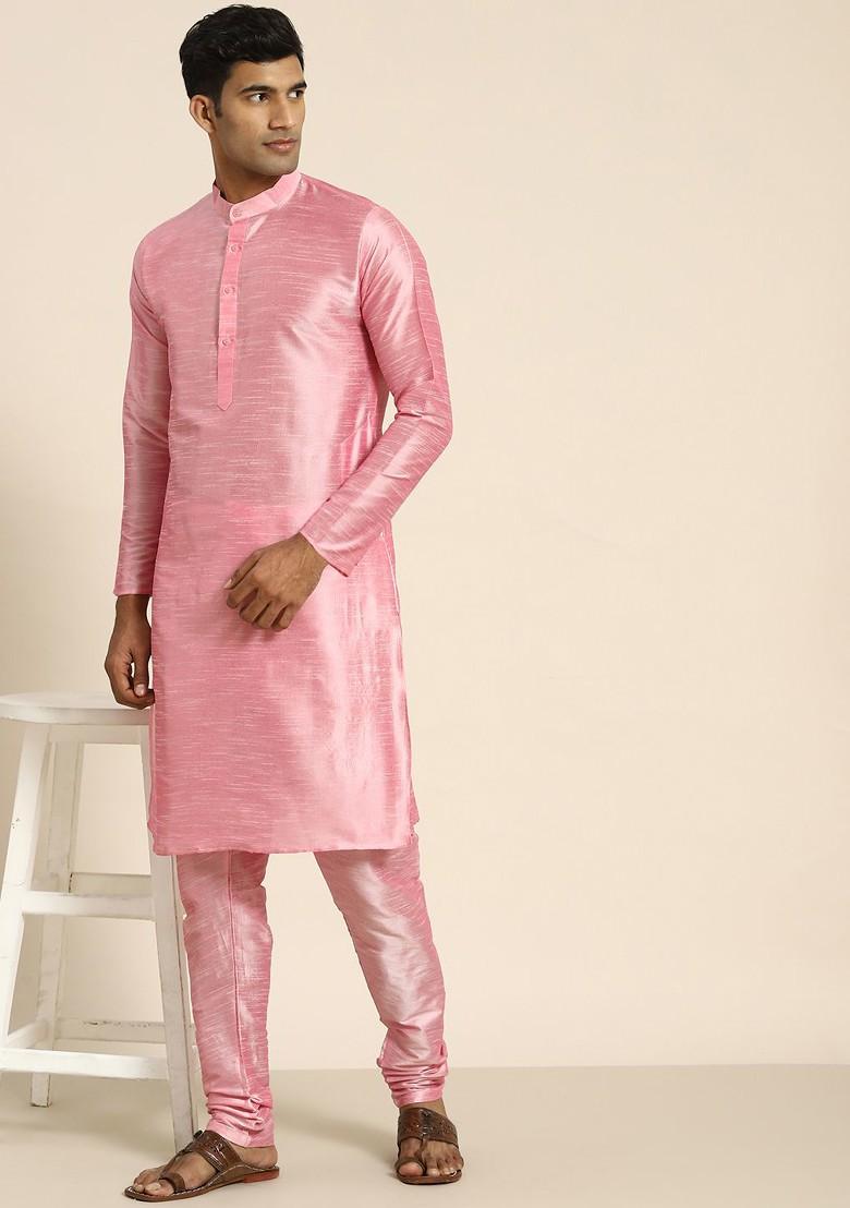 Pink Solid Poly Blend Kurta Set For Men