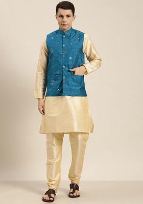 Gold Embroidered Poly Blend Kurta Set For Men