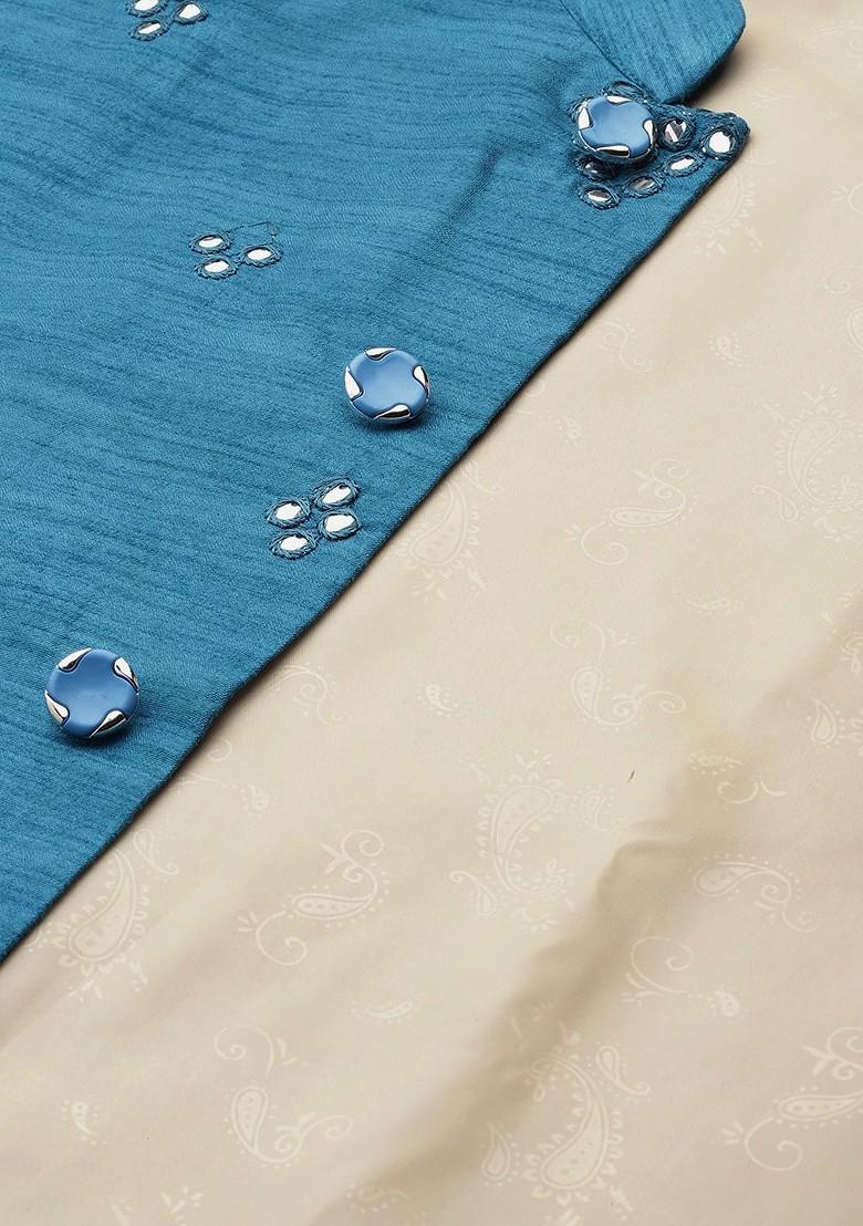 Gold Embroidered Poly Blend Kurta Set For Men