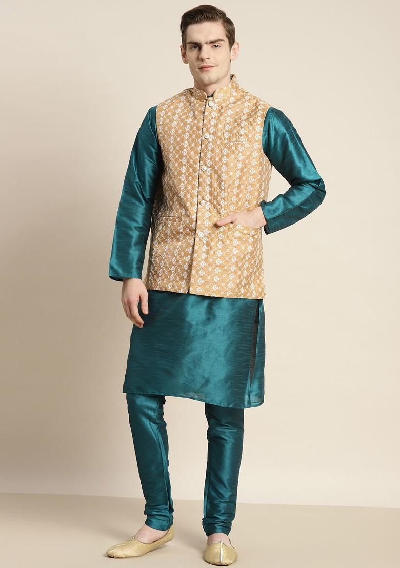 Teal Blue Thread Work Poly Blend Kurta Set For Men