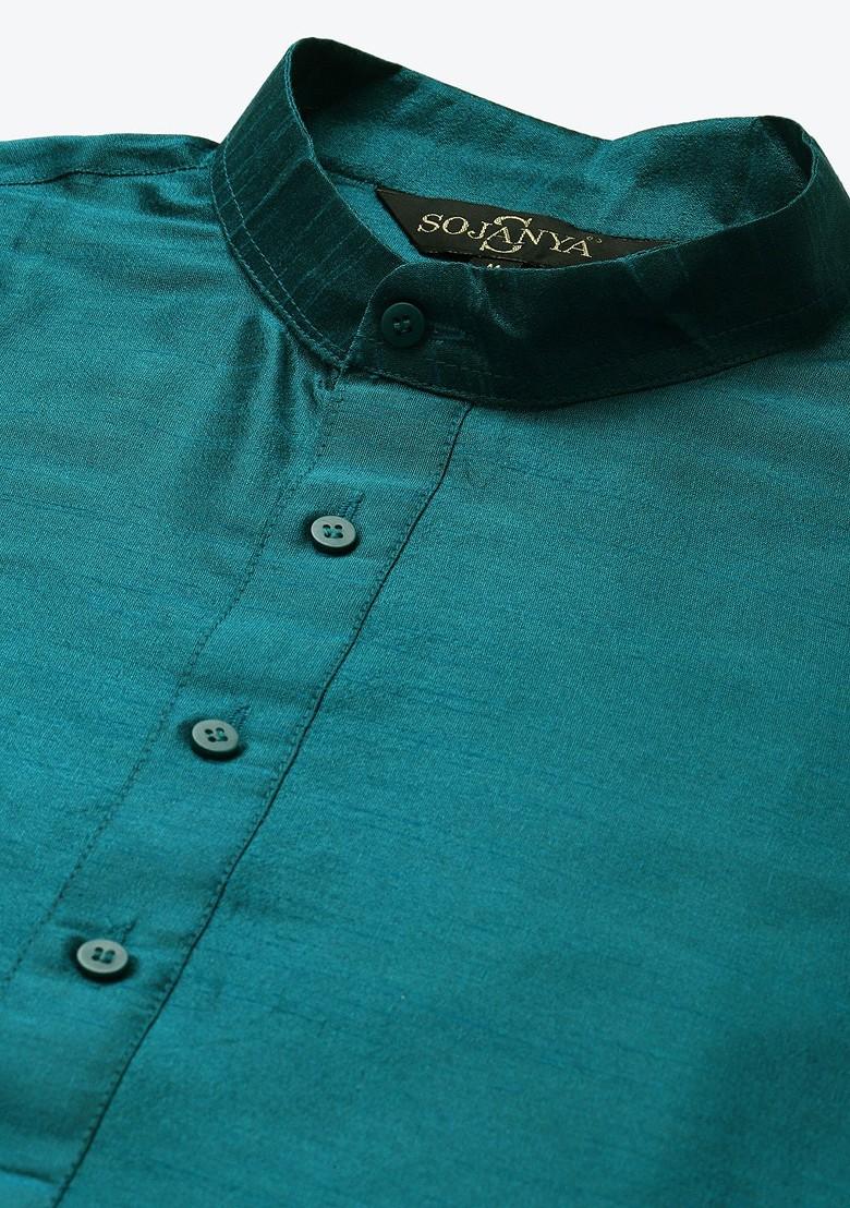 Teal Blue Thread Work Poly Blend Kurta Set For Men
