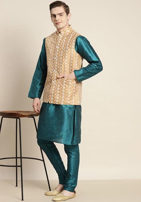 Teal Blue Thread Work Poly Blend Kurta Set For Men