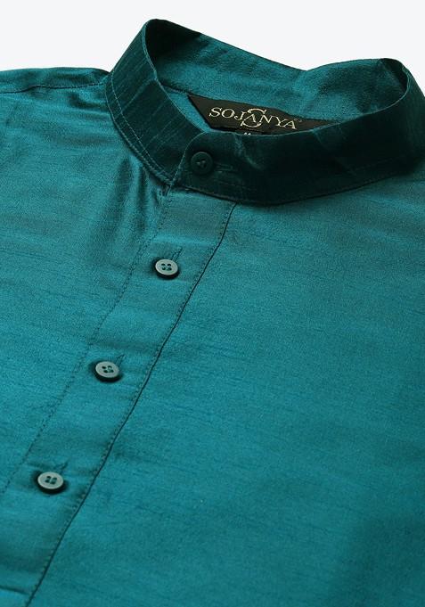 Teal Blue Thread Work Poly Blend Kurta Set For Men