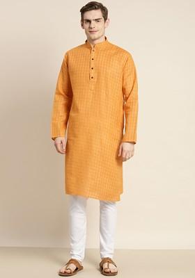 Mustard Checked Cotton Kurta Set For Men