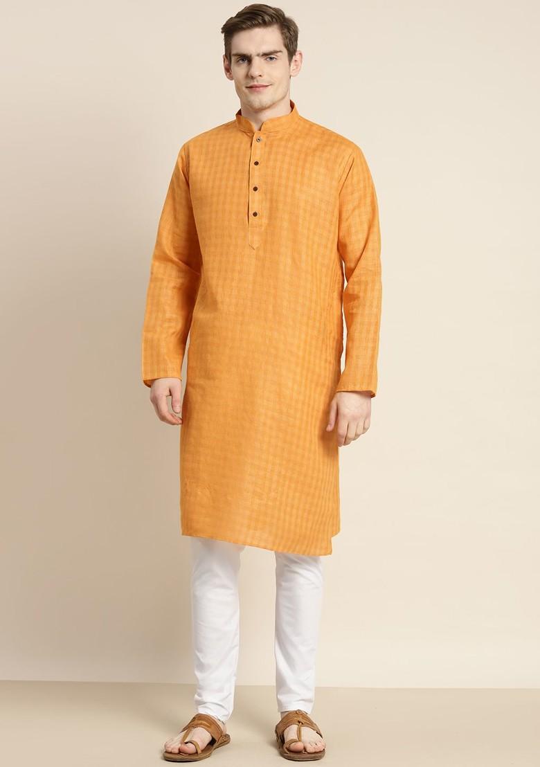 Mustard Checked Cotton Kurta Set For Men
