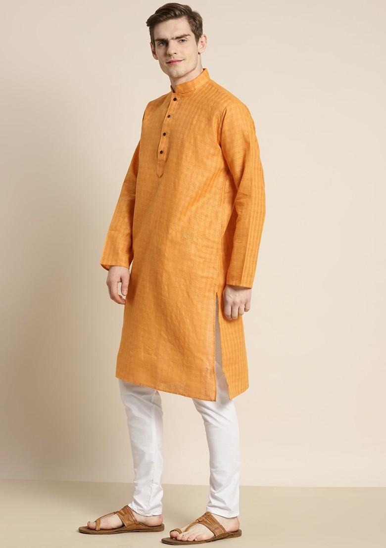 Mustard Checked Cotton Kurta Set For Men