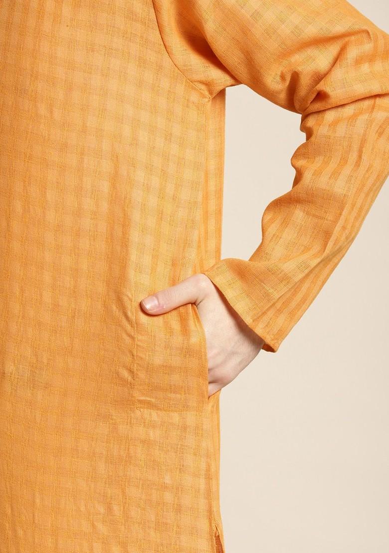Mustard Checked Cotton Kurta Set For Men