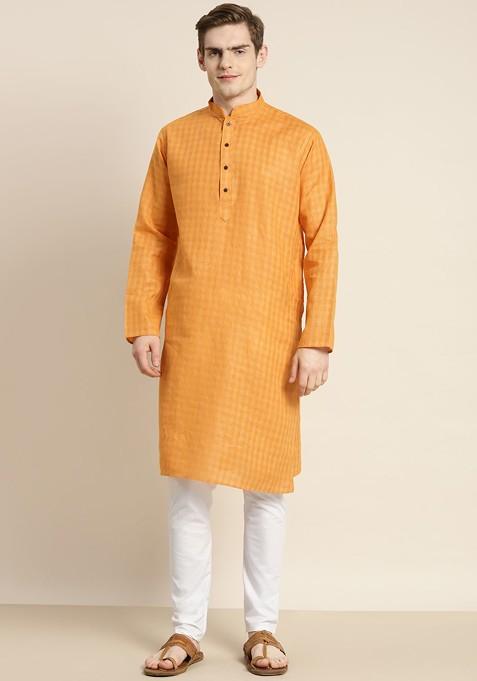 Mustard Checked Cotton Kurta Set For Men