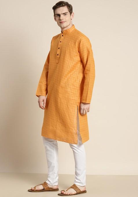 Mustard Checked Cotton Kurta Set For Men