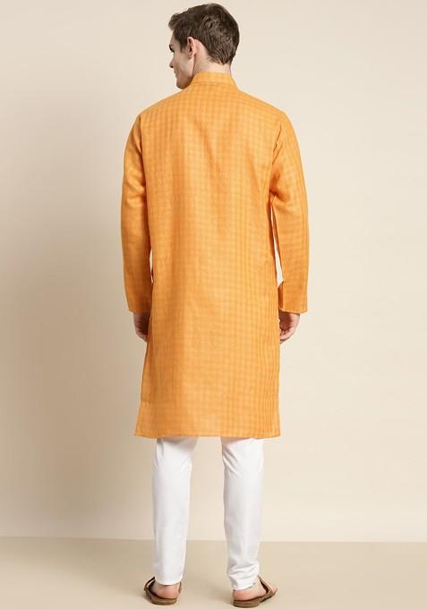 Mustard Checked Cotton Kurta Set For Men