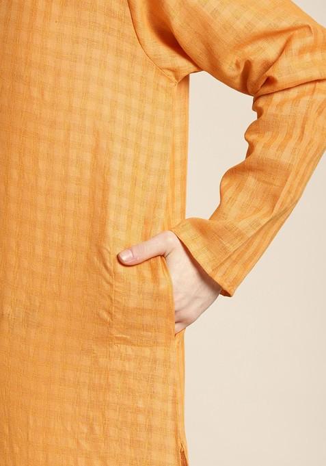 Mustard Checked Cotton Kurta Set For Men