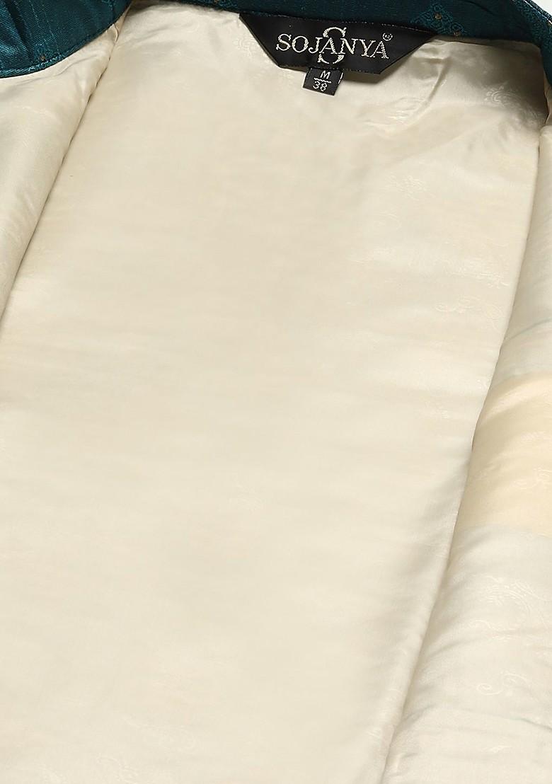 Cream Solid Poly Blend Kurta Set For Men