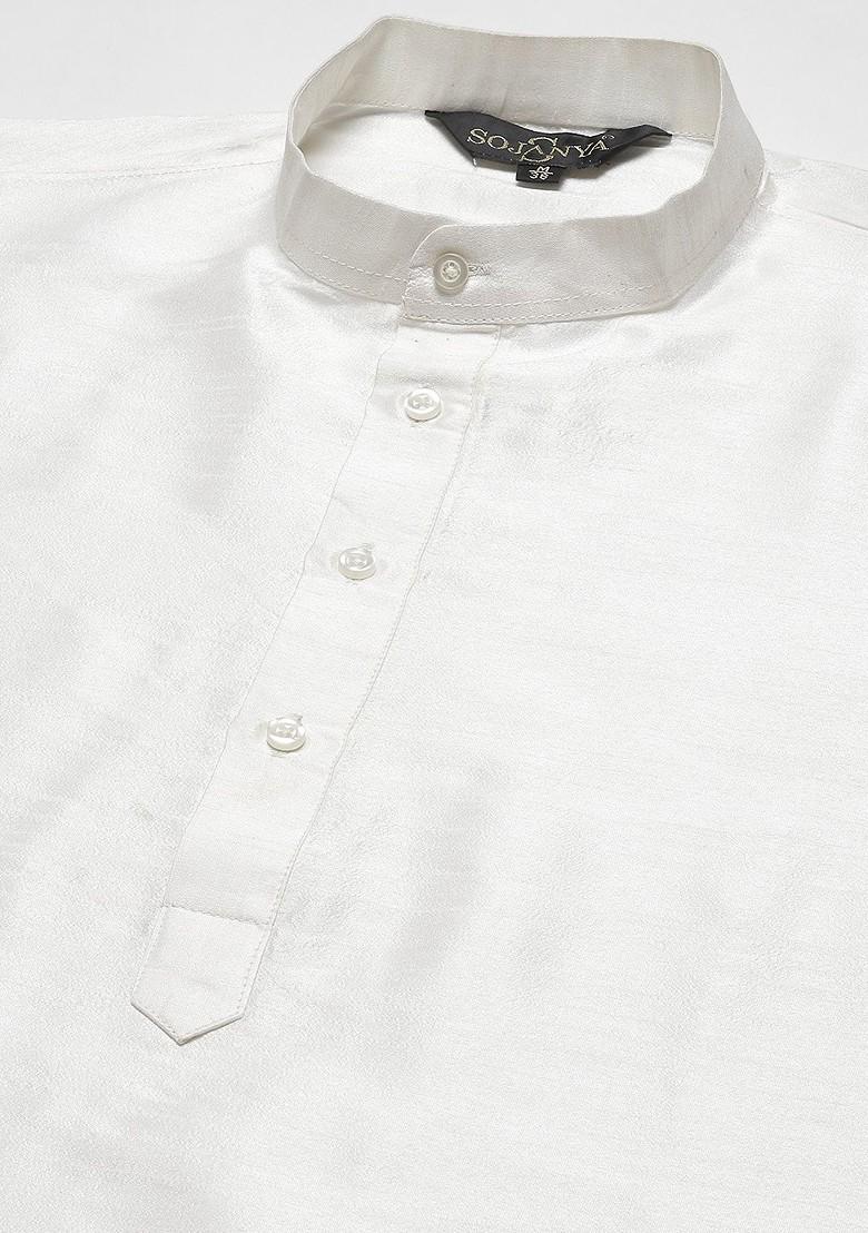 Cream Solid Poly Blend Kurta Set For Men