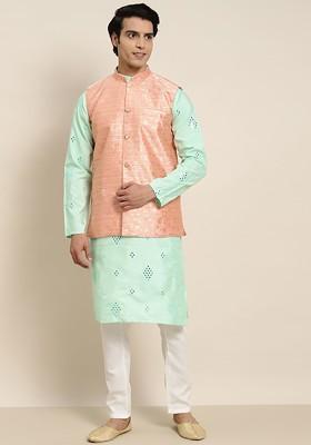 Sea Green Embroidered Poly Blend Kurta Set For Men