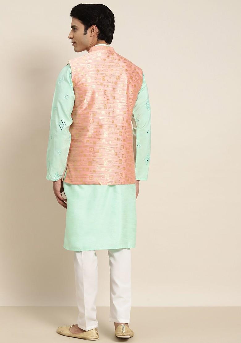 Sea Green Embroidered Poly Blend Kurta Set For Men