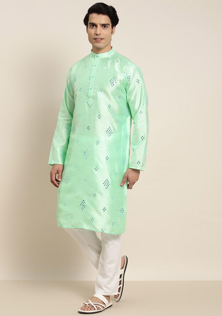 Sea Green Embroidered Poly Blend Kurta Set For Men