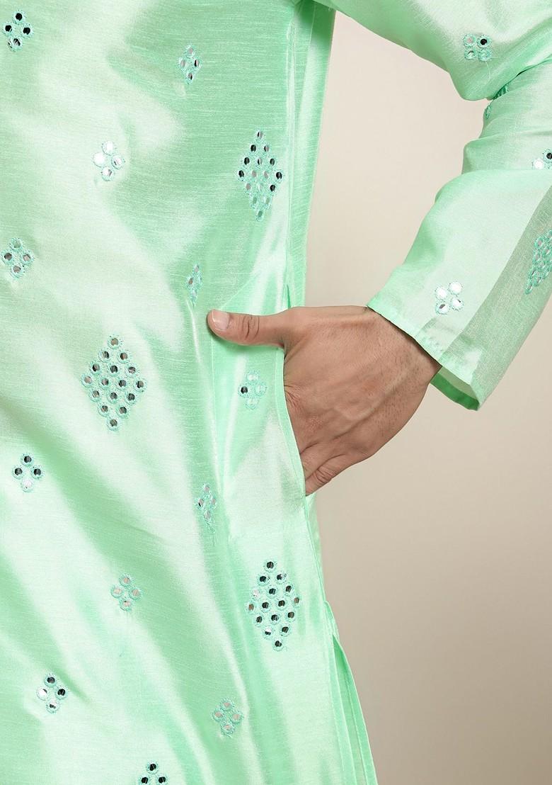 Sea Green Embroidered Poly Blend Kurta Set For Men
