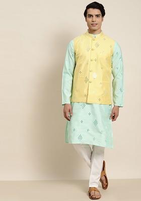 Sea Green Embroidered Poly Blend Kurta Set For Men