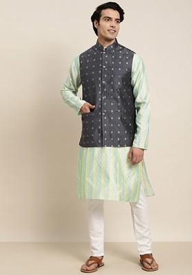 Sea Green Woven Poly Blend Kurta Set For Men