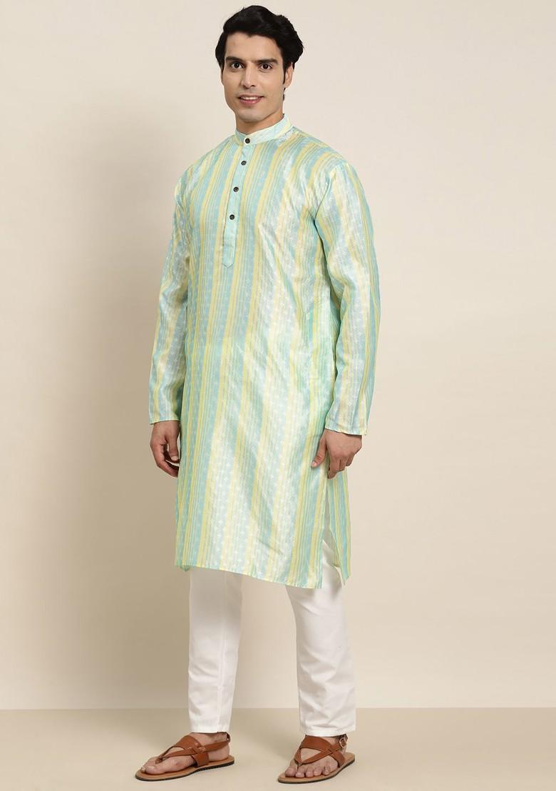 Sea Green Woven Poly Blend Kurta Set For Men