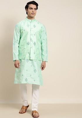 Sea Green Embroidered Poly Blend Kurta Set For Men