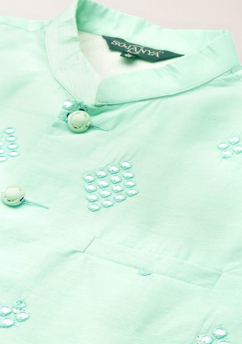 Sea Green Embroidered Poly Blend Kurta Set For Men