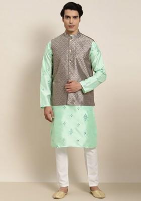 Sea Green Embroidered Poly Blend Kurta Set For Men
