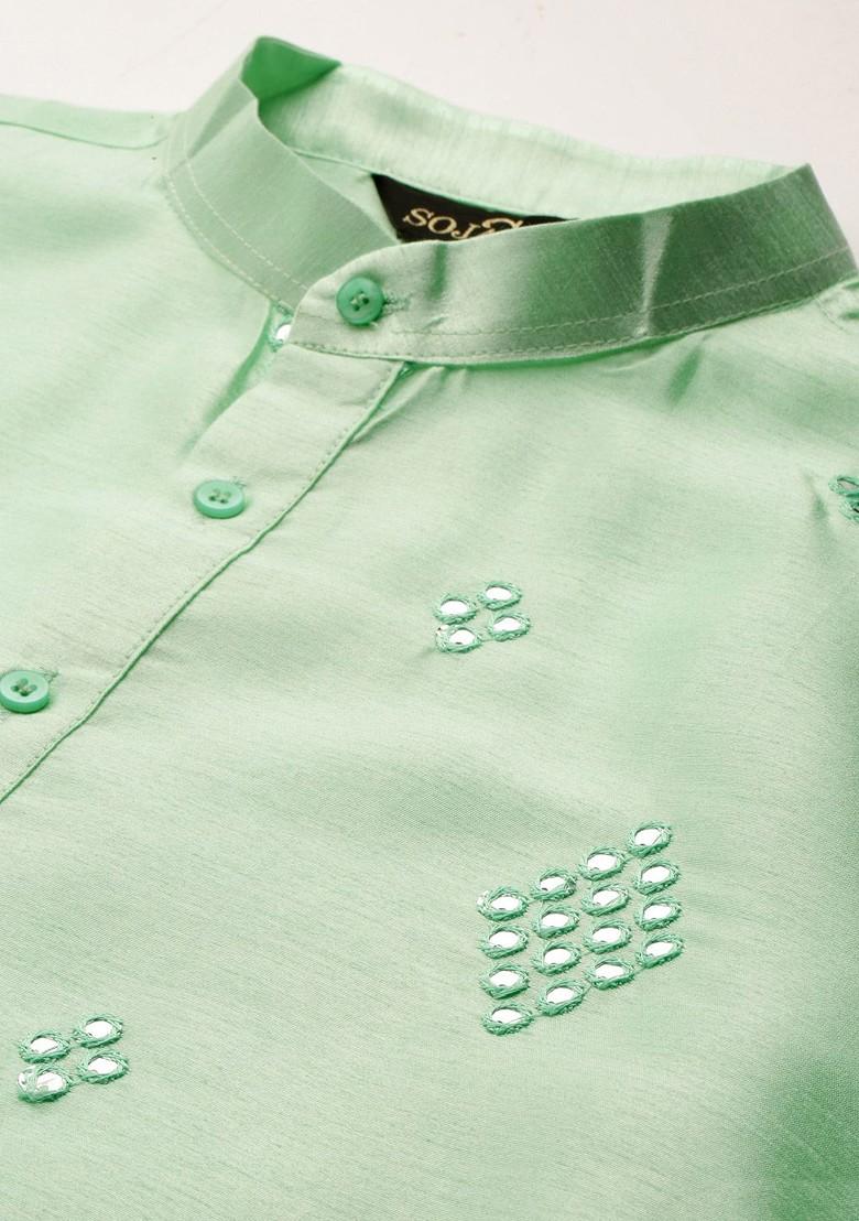 Sea Green Embroidered Poly Blend Kurta Set For Men