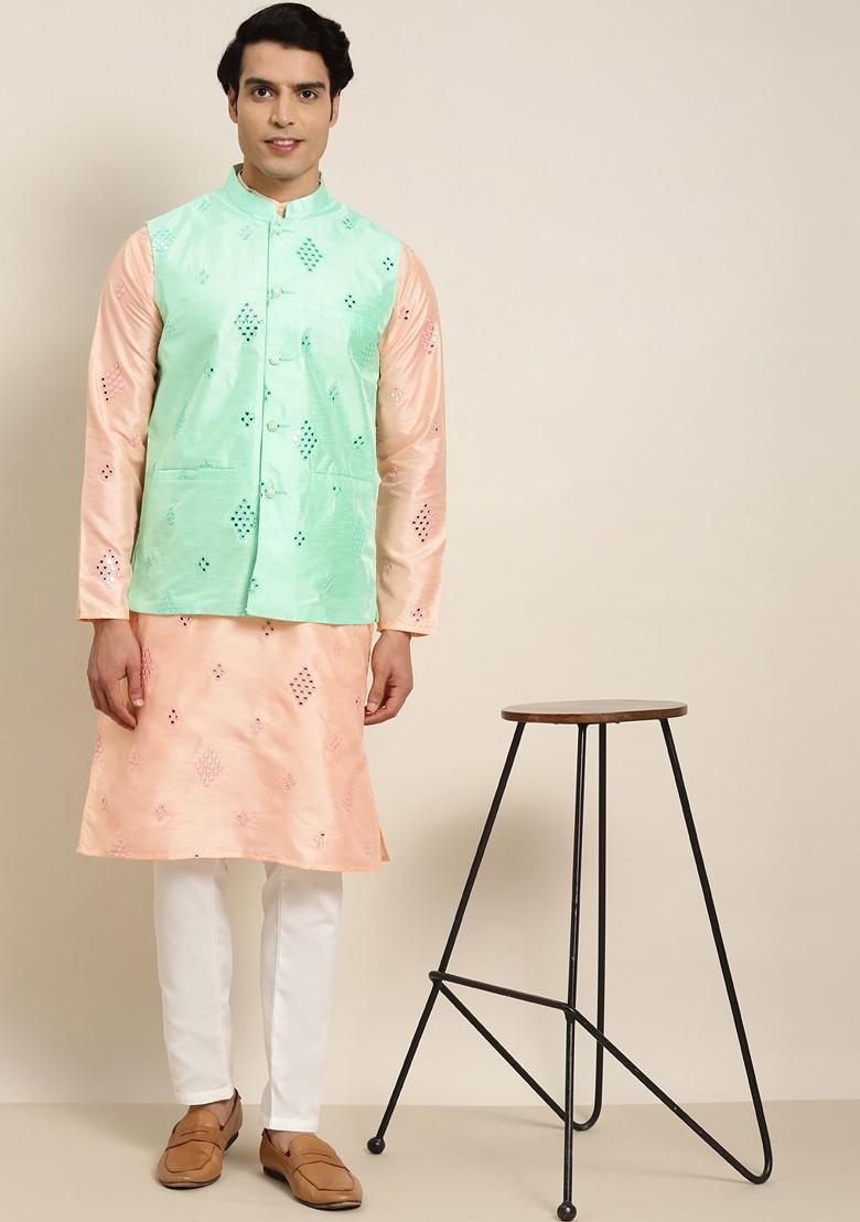 Peach Embroidered Poly Blend Kurta Set For Men
