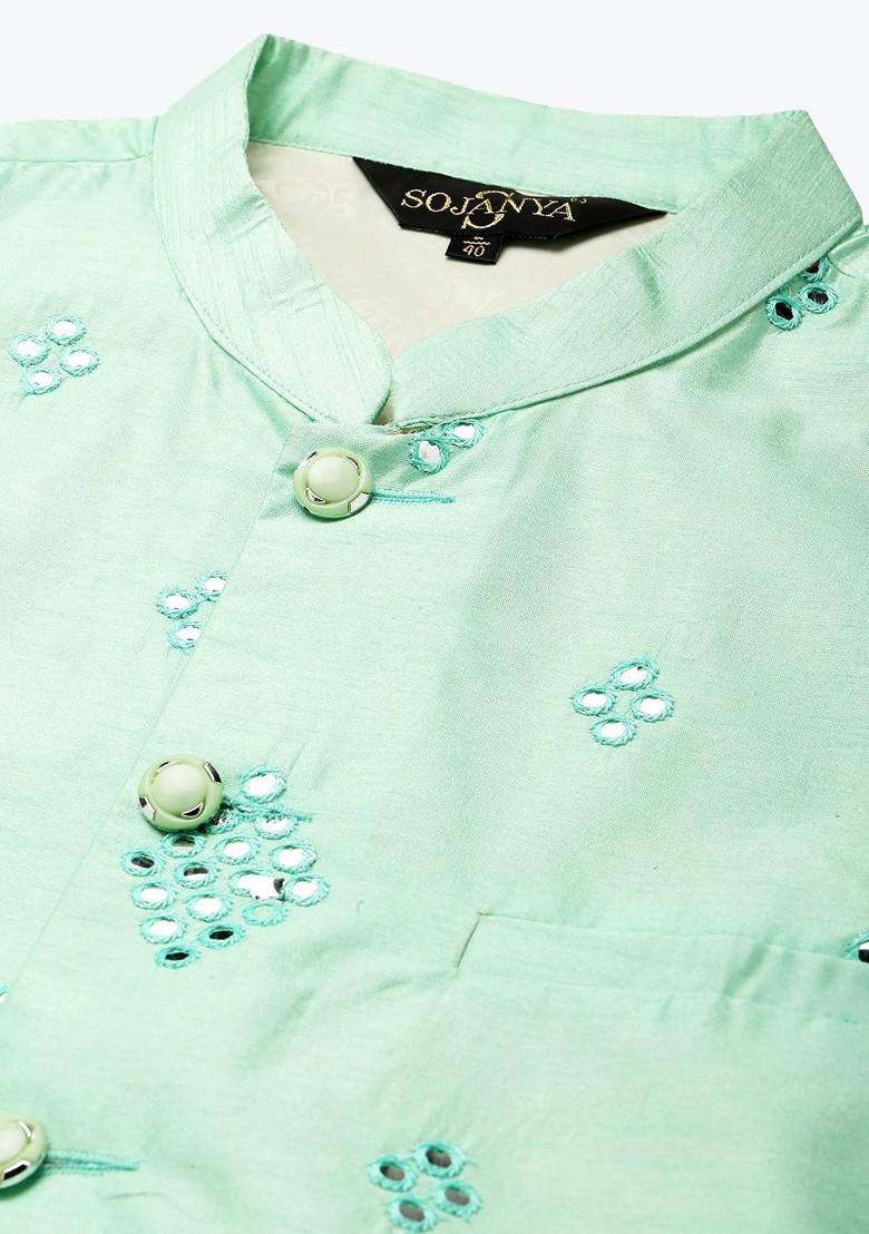 Black Mirror Work Poly Blend Kurta Set For Men