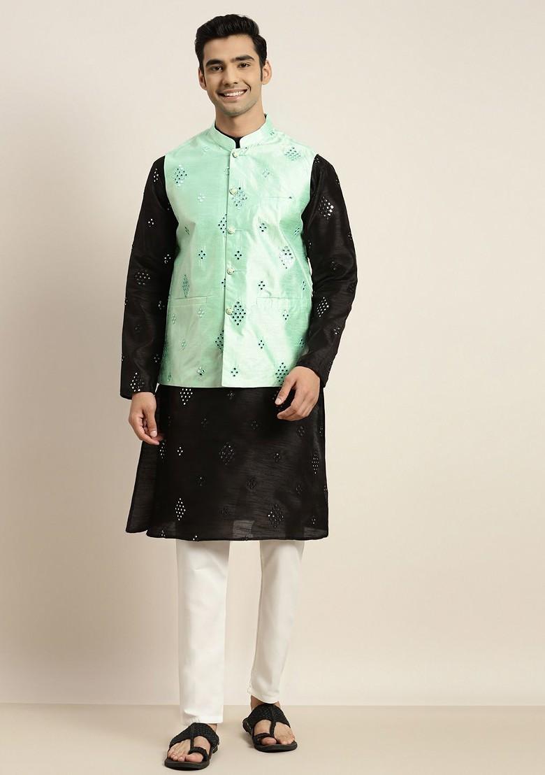 Black Mirror Work Poly Blend Kurta Set For Men