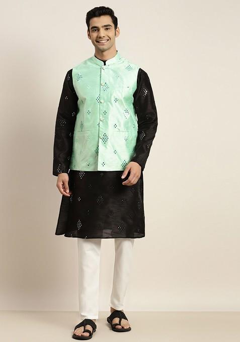 Black Mirror Work Poly Blend Kurta Set For Men