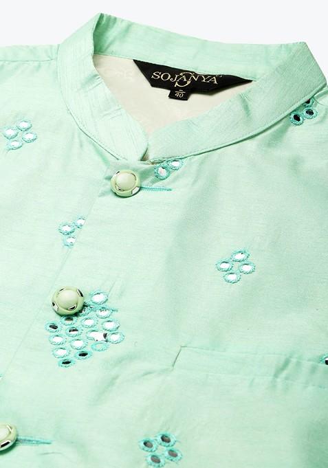 Black Mirror Work Poly Blend Kurta Set For Men