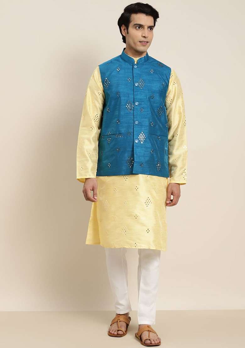 Yellow Mirror Work Poly Blend Kurta Set For Men - Indya