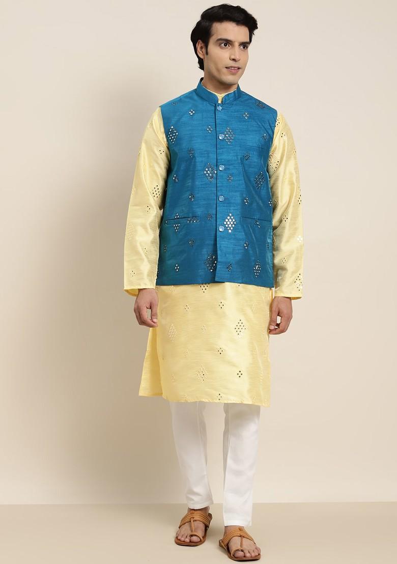 Yellow Mirror Work Poly Blend Kurta Set For Men