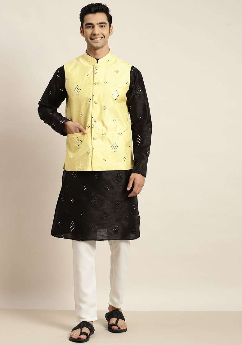 Black Mirror Work Poly Blend Kurta Set For Men - Indya
