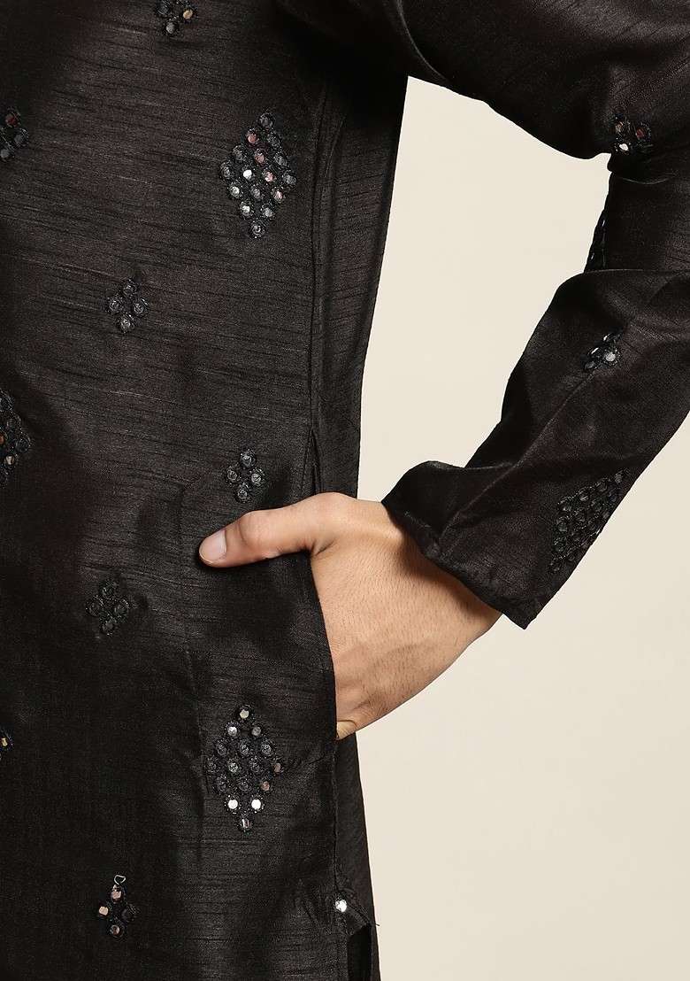 Black Mirror Work Poly Blend Kurta Set For Men - Indya