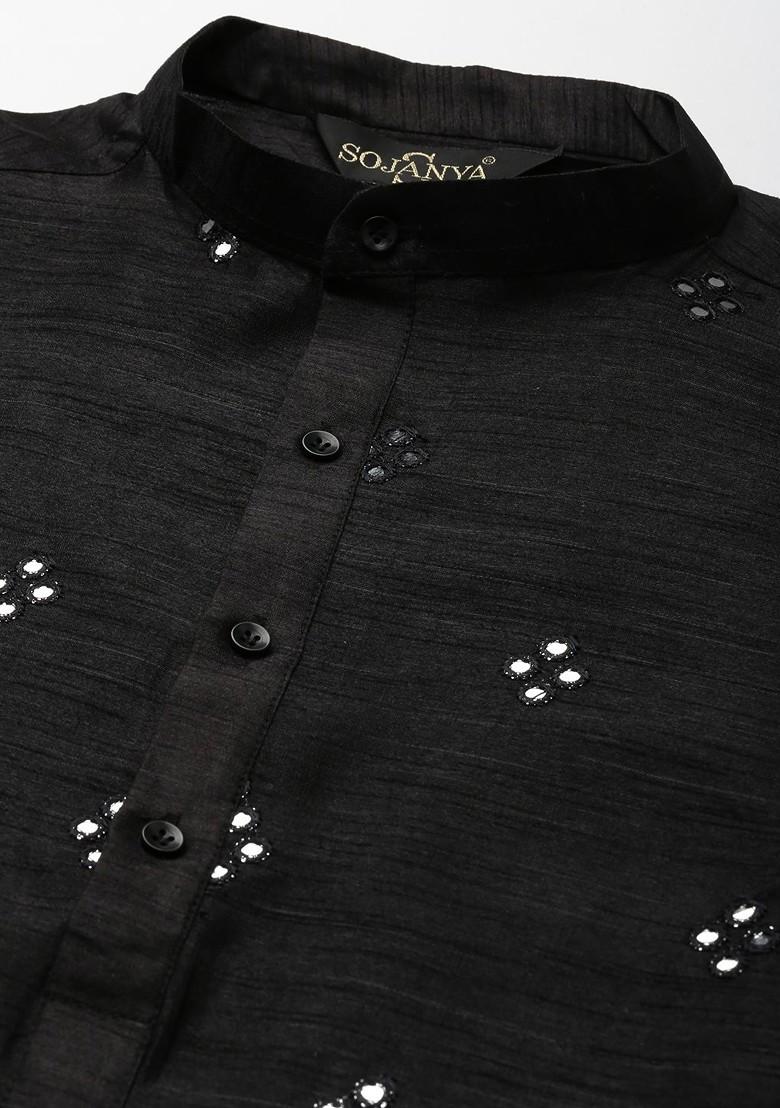 Black Mirror Work Poly Blend Kurta Set For Men