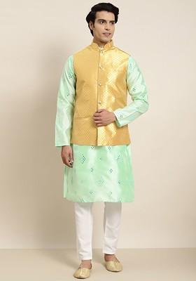 Sea Green Embroidered Poly Blend Kurta Set For Men