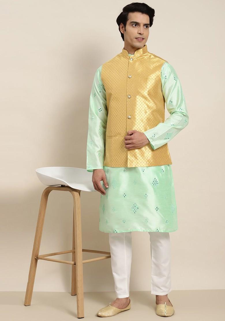 Sea Green Embroidered Poly Blend Kurta Set For Men