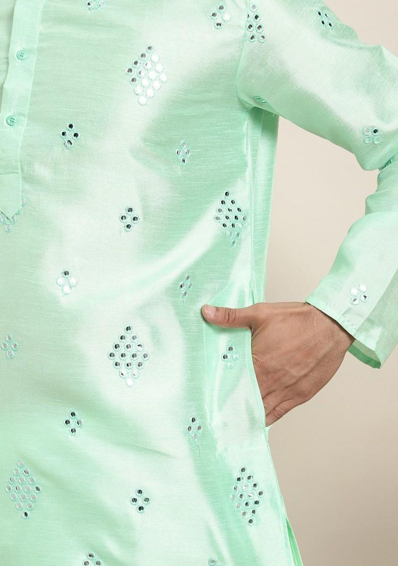 Sea Green Embroidered Poly Blend Kurta Set For Men